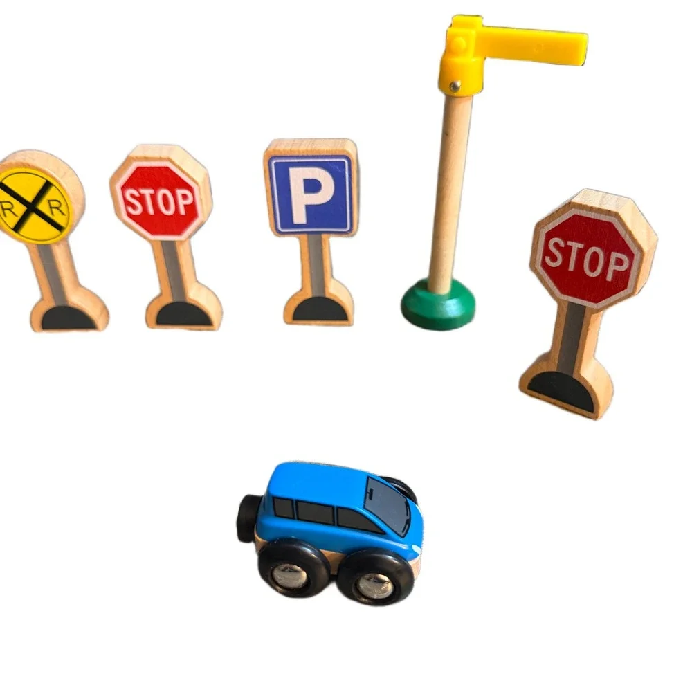 Wooden Road Signs and Vehicle Play Set 9 Piece Montessori Toy Train Accessories